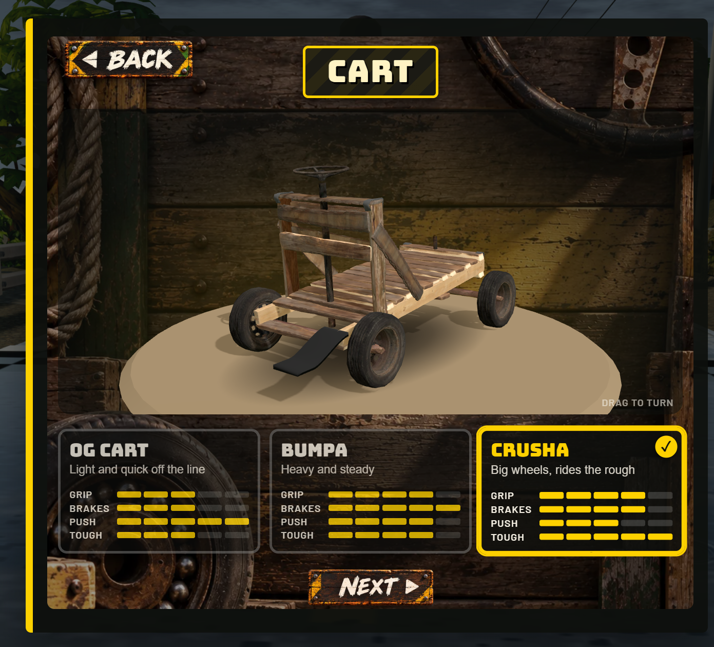 Cart selection showing OG Cart, Bumpa and Crusha, with Crusha selected