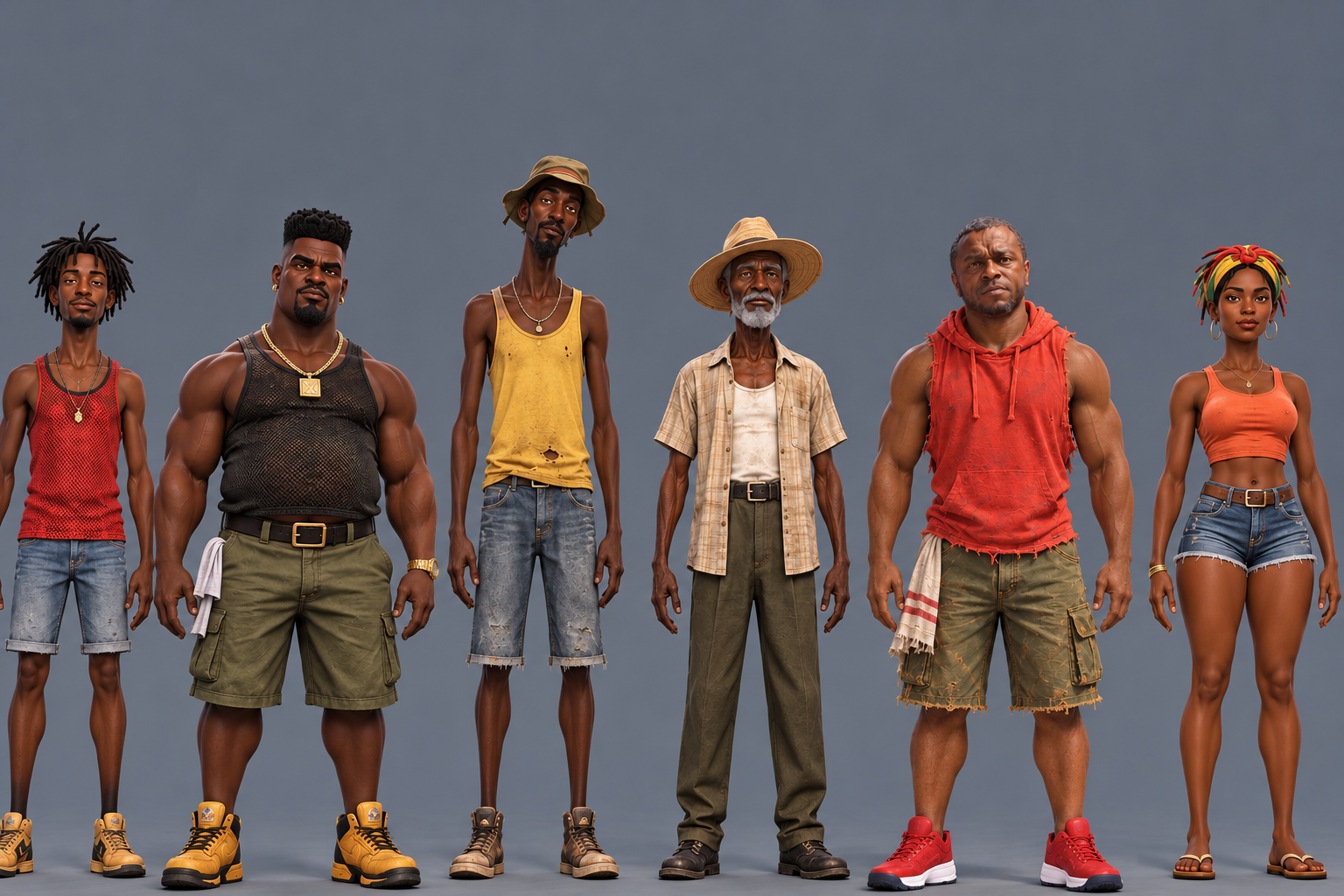 Six Hand Cart Mayhem characters standing together in a group lineup