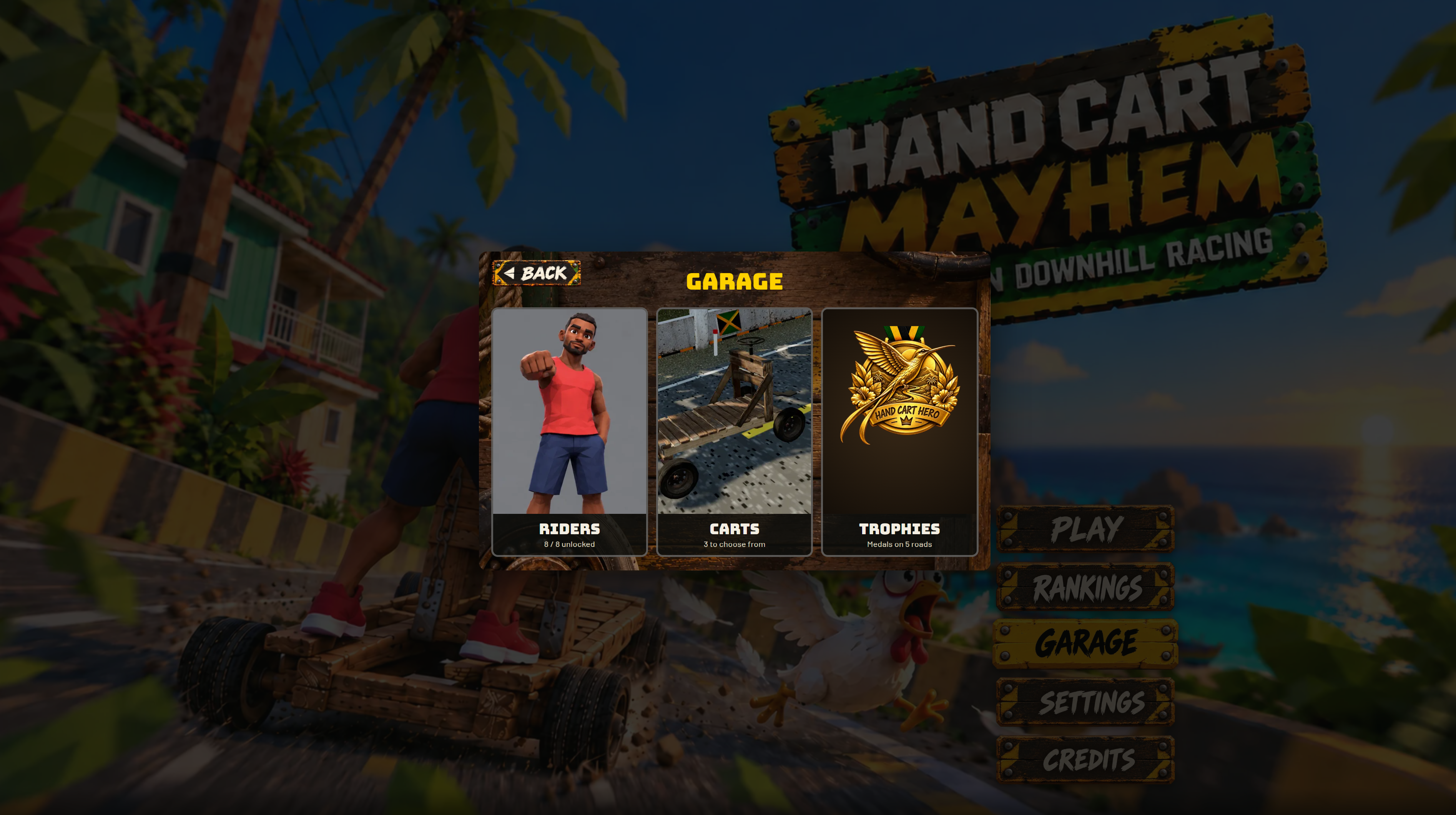 The garage menu with Riders, Carts and Trophies