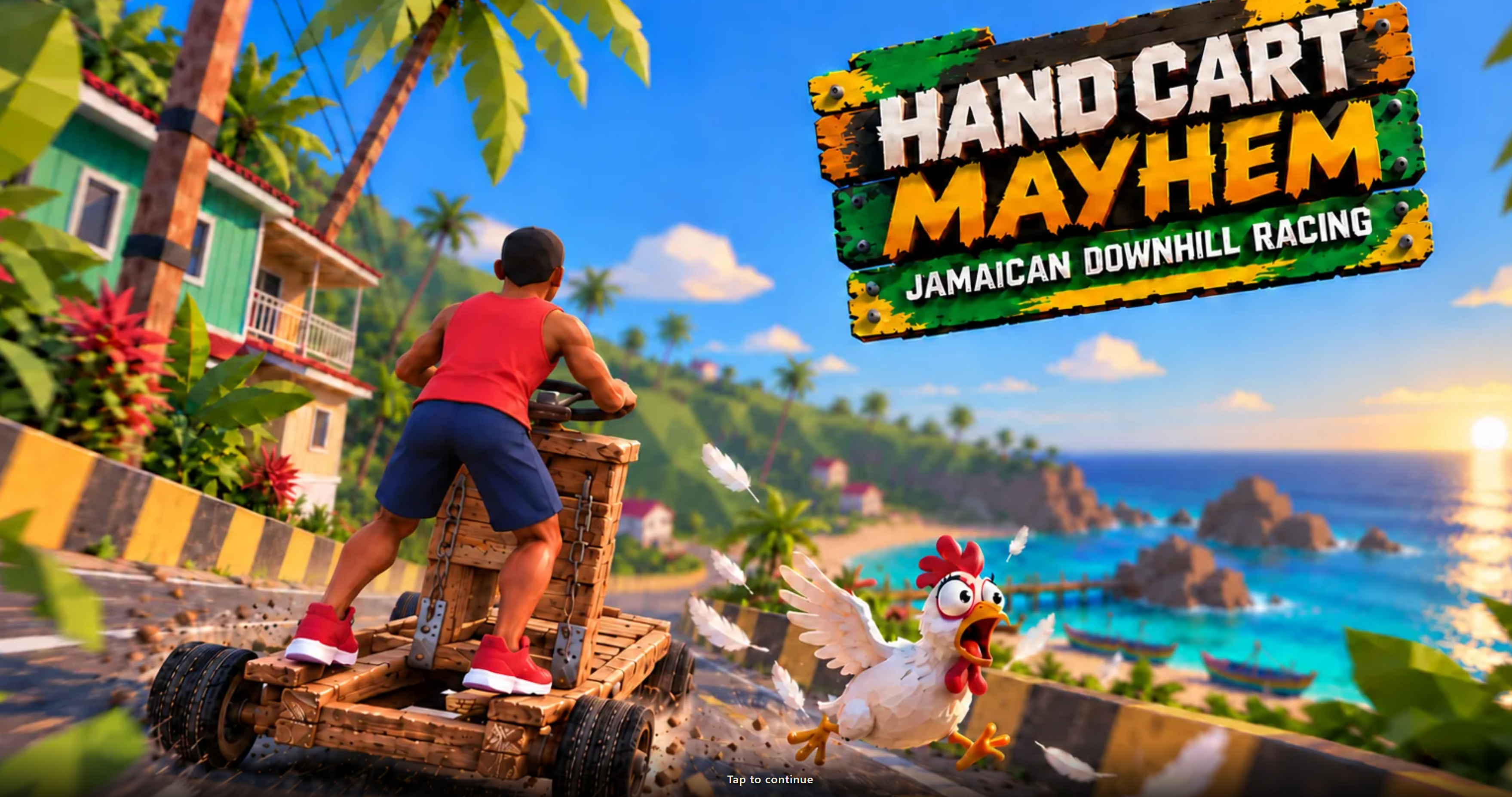 Hand Cart Mayhem title art with a rider racing downhill beside a chicken on a Jamaican coastal road