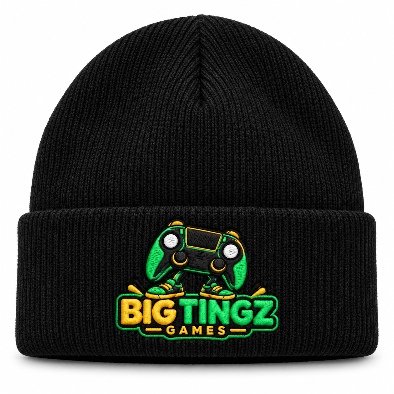 Illustrative black cuffed knit beanie concept with a Big Tingz Games logo patch