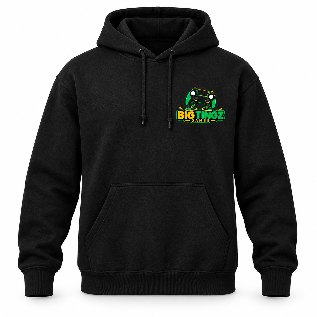 Illustrative black pullover hoodie concept with a Big Tingz Games chest logo